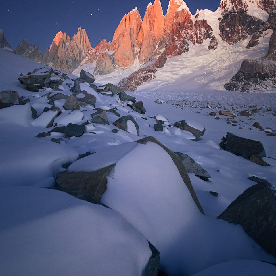 A clear Night Cerro Torre seen from Circo de los Altares at night.