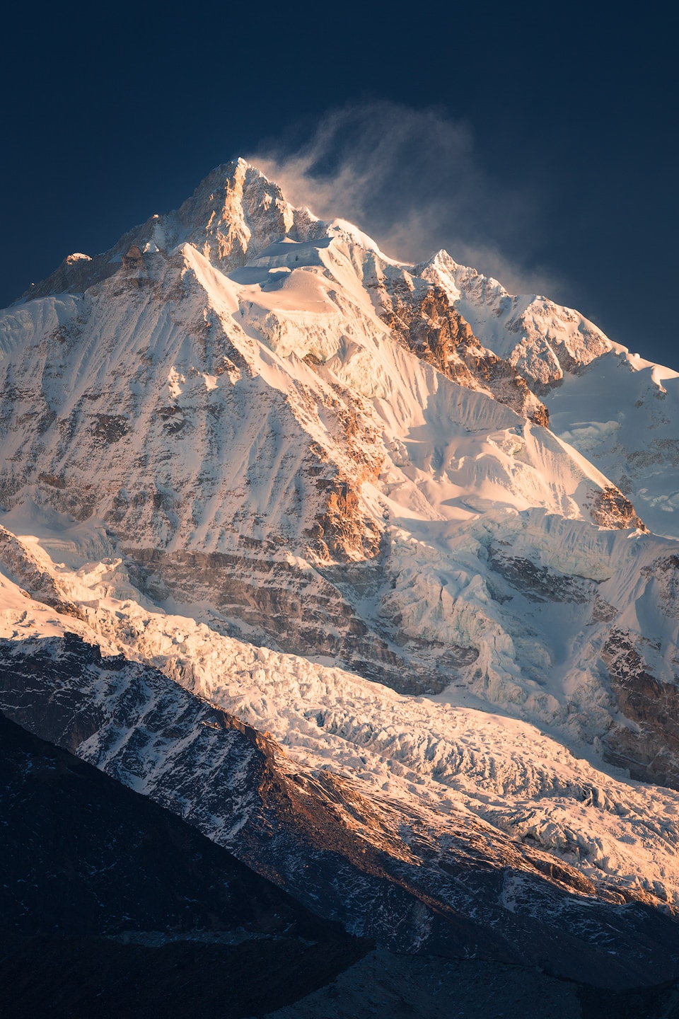 First light on the glaciers of Kangchenjunga - the words third highest peak.