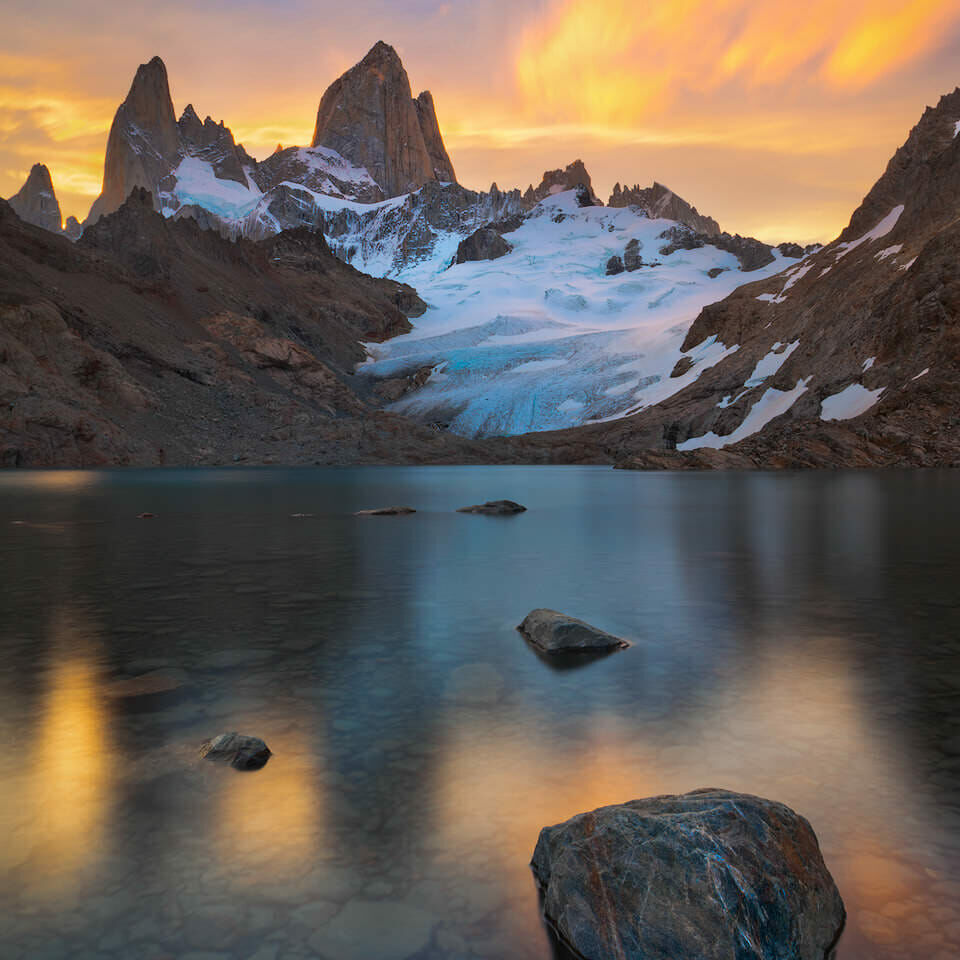 Sunset clouds above Fitz Roy and Laguna de los Tres