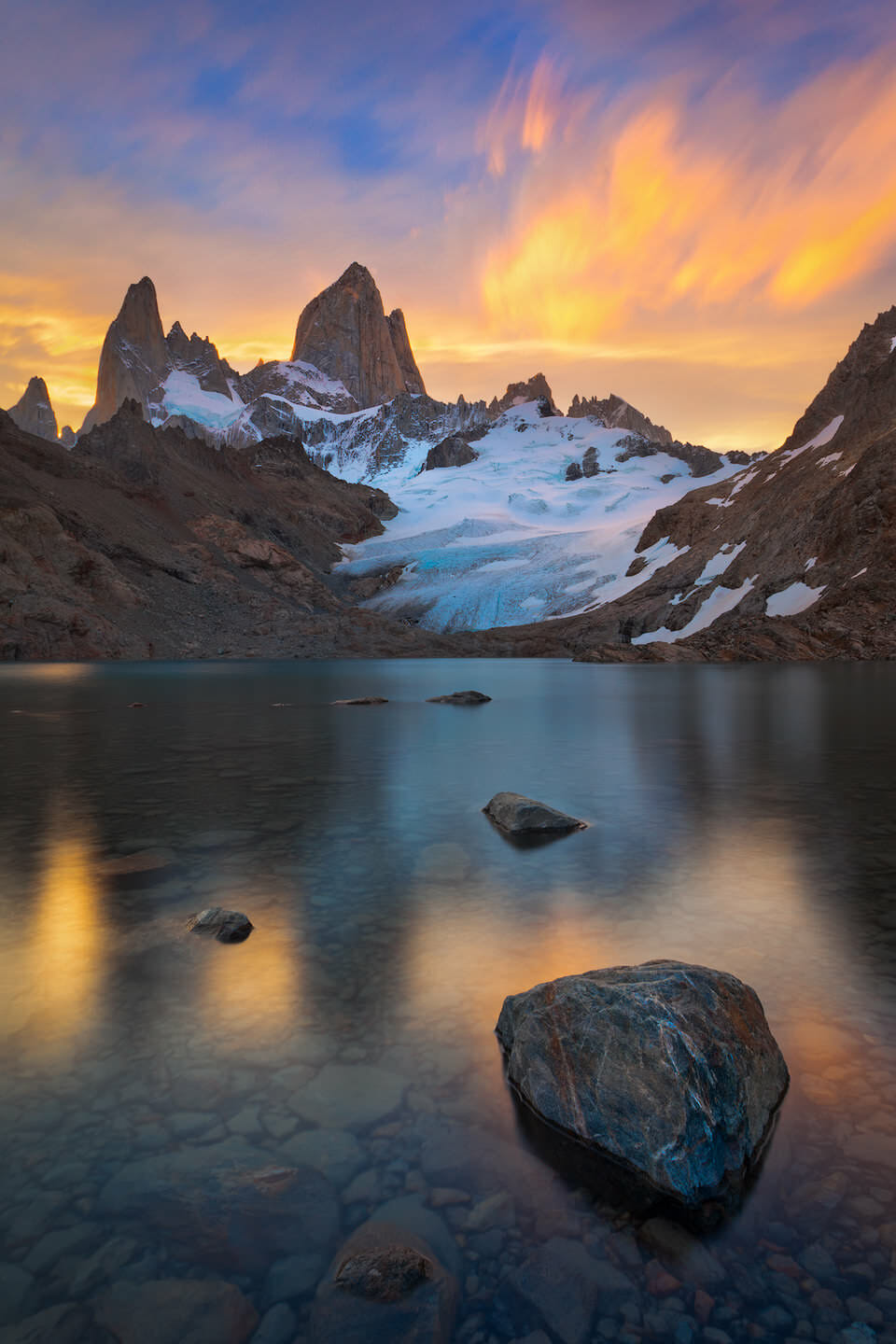 Sunset clouds above Fitz Roy and Laguna de los Tres