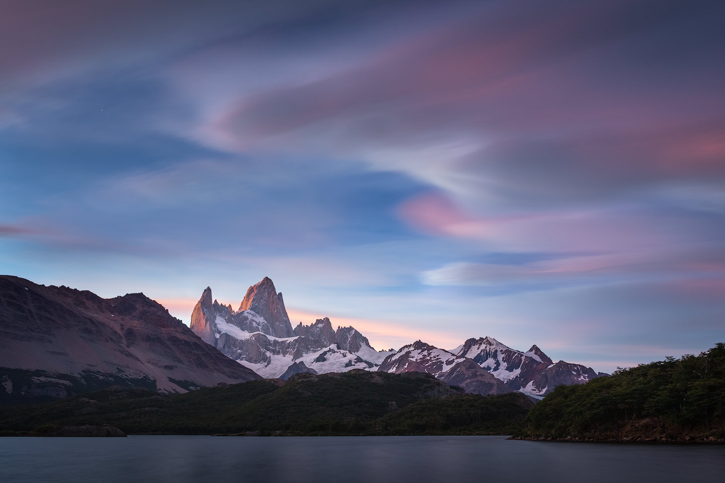 View of Fitz Roy from Laguna Capri after sunset