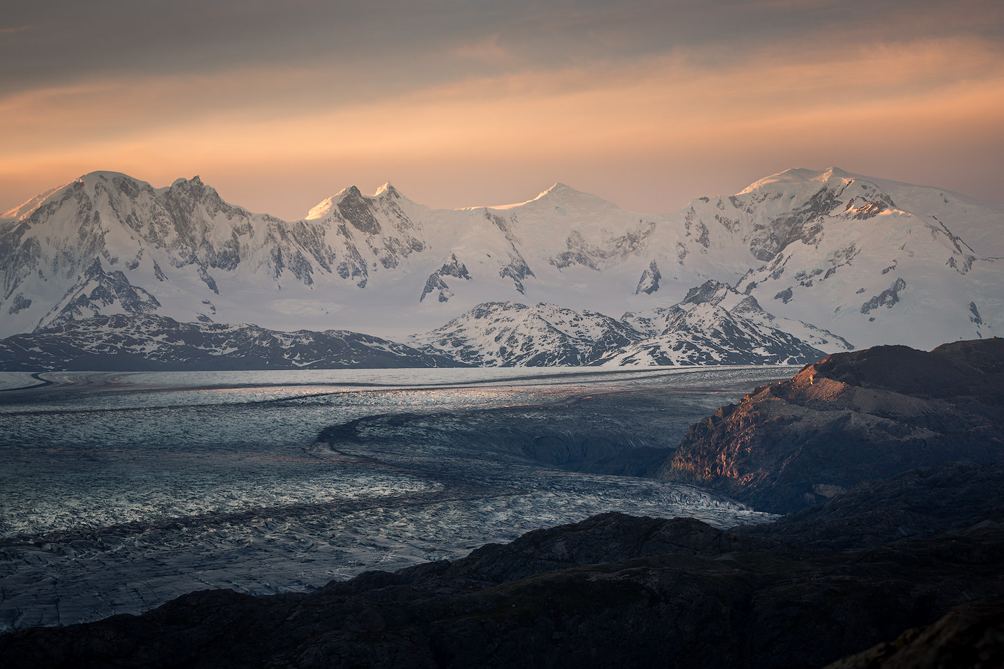 Sunset over Glaciar Viedma and the peaks of the Southern Patagonian Icefield