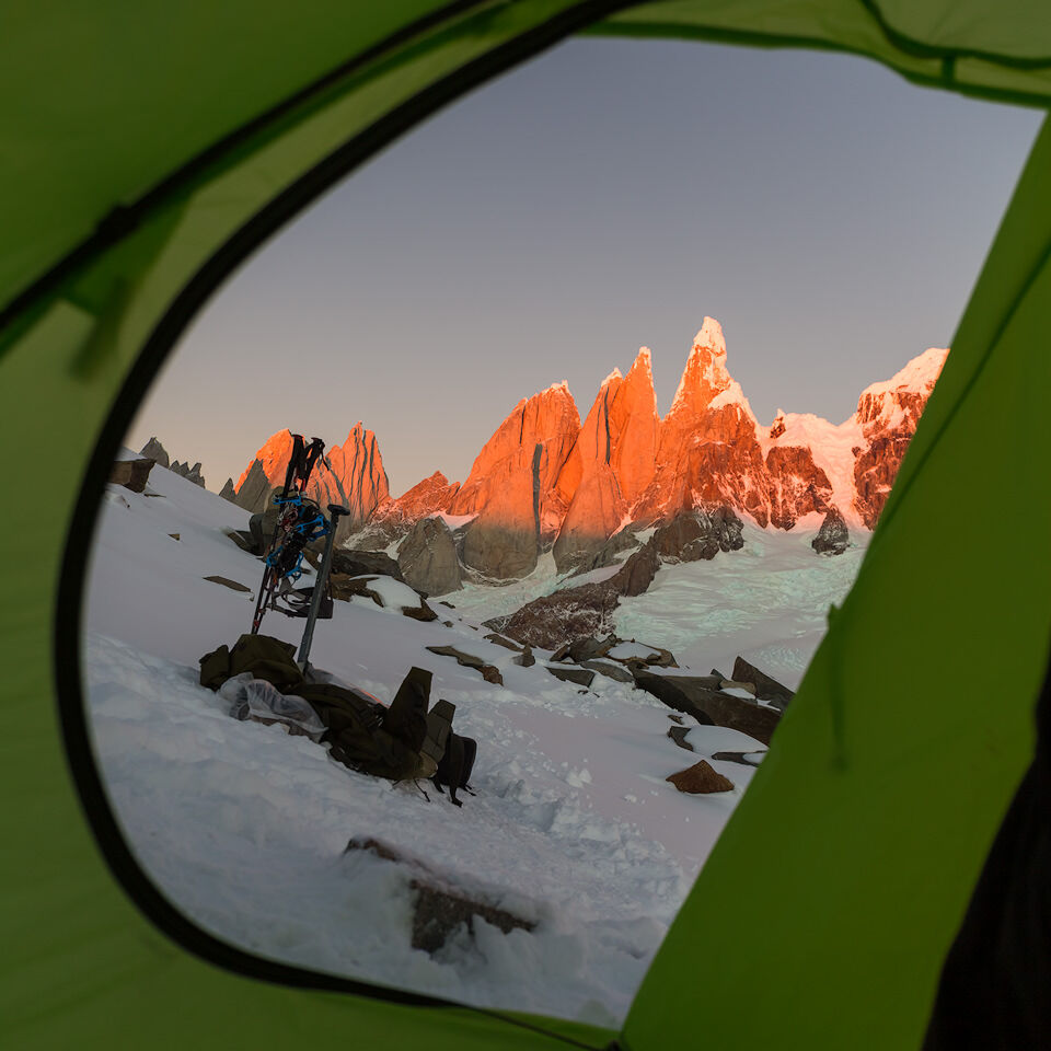 Room with a View West face of Cerro Torre seen from within a tent