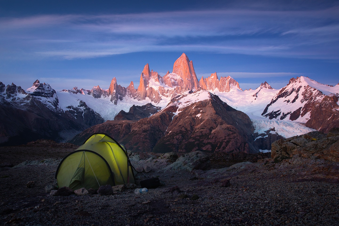 A tent in front of Cerro Fitz Roy at dawn