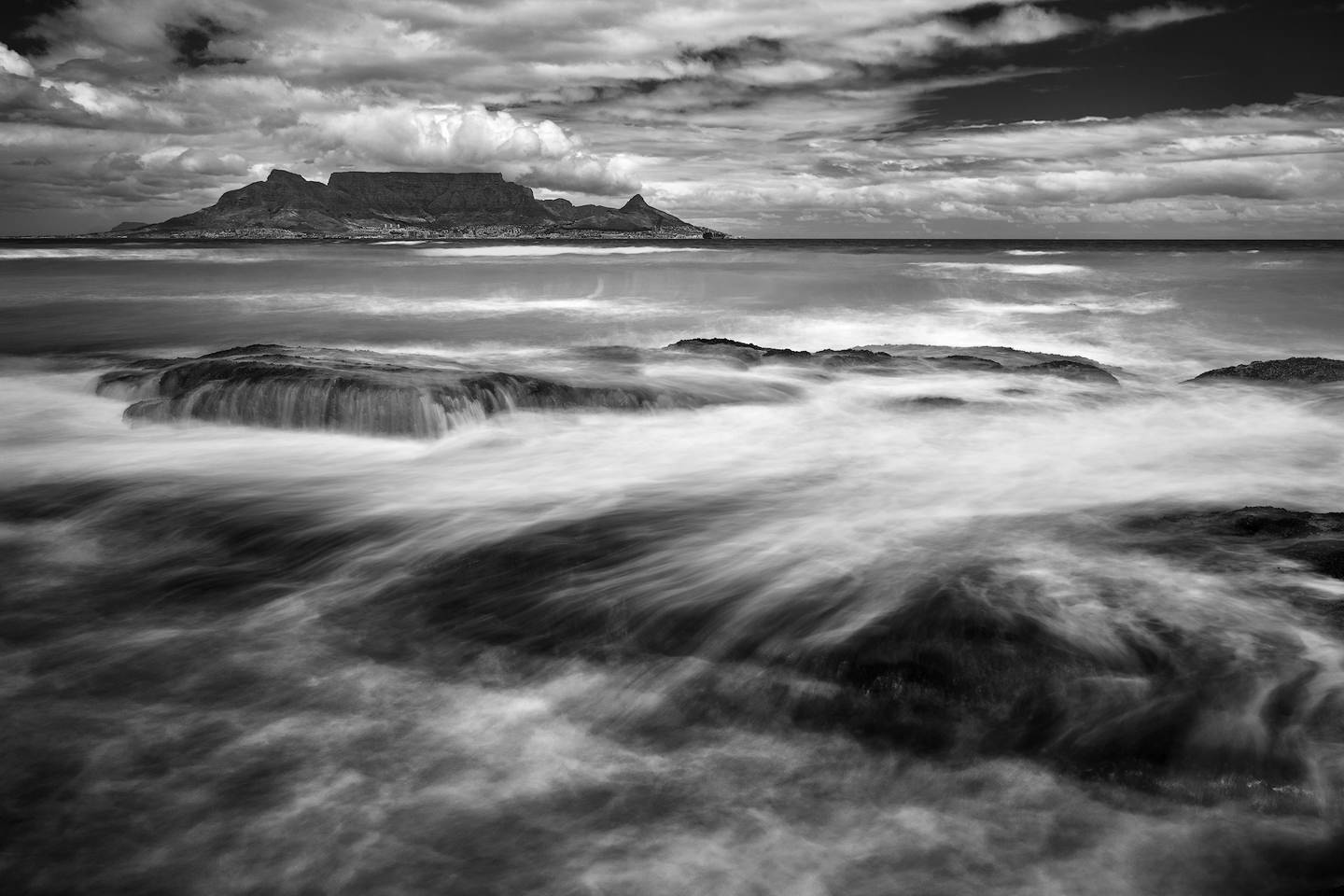 Long exposure of Table Mountain and Cape Town in black & white