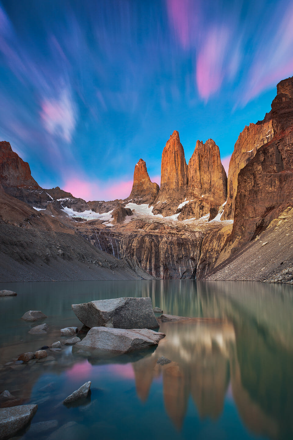 Long exposure of a sunrise at Torres del Paine